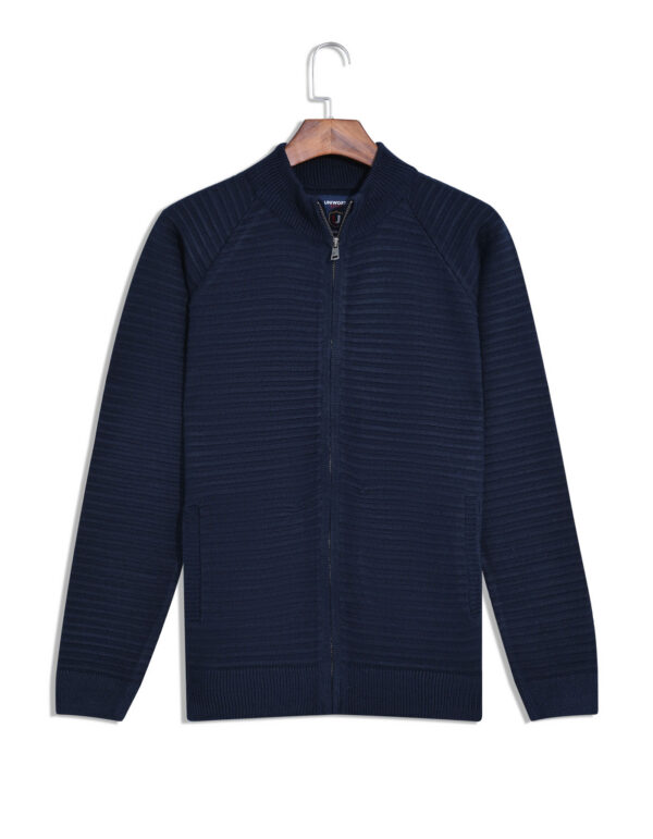Navy Texture Full Zipper Sweater
